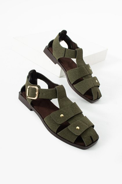 Women's Khaki Green Suede Buckle Sandals Flat Sole Comfortable Daily Sandals Shoes Calına