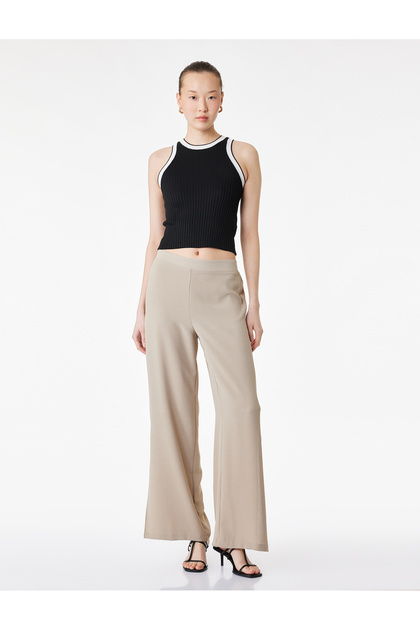 Elastic Waist Flat Wide-Leg Pants with Slit Detail on the Sides