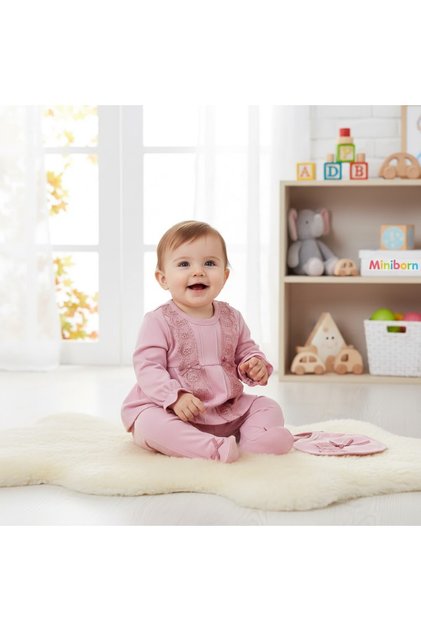 New Born Girl Long Sleeve Ecru Striped Lace Detail Five-Piece Set