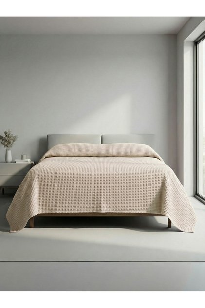 Premium %100 Pamuk Çift Kişilik Yazlık Pike, Yatak Örtüsü, Terletmez Kumaş(KREM RENK)(240X200CM)