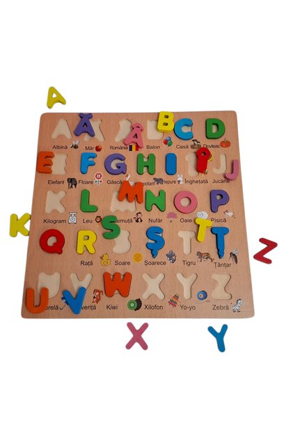 Puzzle incastru Alfabet in limba Romana din lemn cu diacritice, 31 piese, multicolor
