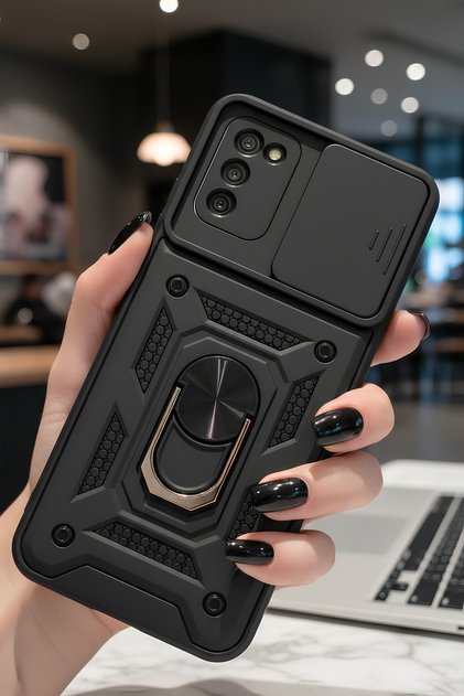 Samsung Galaxy A02S Kılıf Sürgülü Kamera Korumalı Yüzüklü Stand Olabilen Magnetic Tpu Tank Kapak