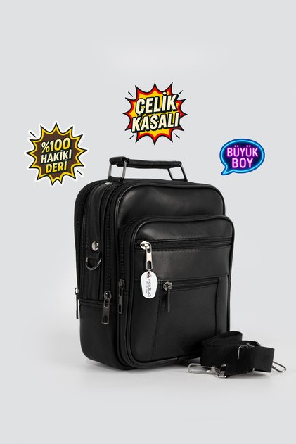 Men's Black Steel Case Genuine Leather Hand and Shoulder Bag Large Size with Adjustable Strap