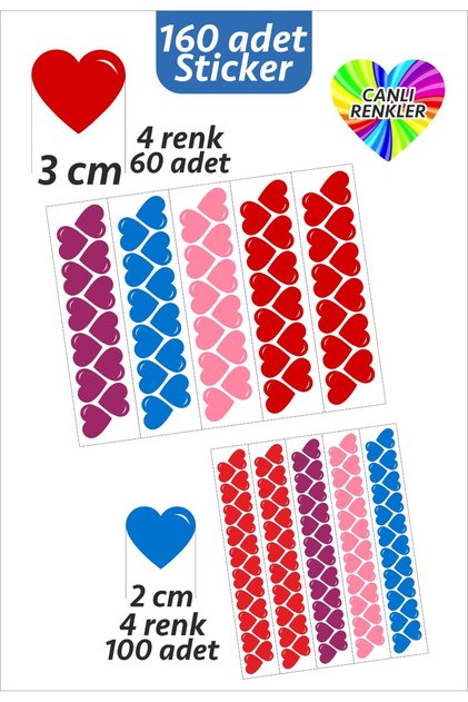 100 Adet Kalp Etiket 4 Renk Kırmızı Mavi Mor Pembe Renk 2 Cm Kalp Temalı Sticker Seti
