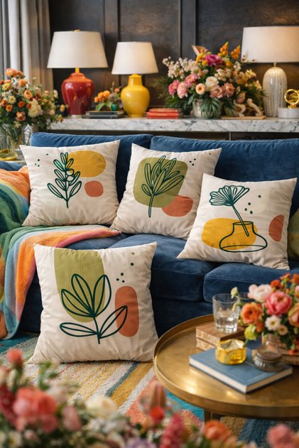 Imaginary Surreal Flowers Patterned Digital Printed Velvet Fabric 4-Piece Throw Pillow Cover (43X43 cm)