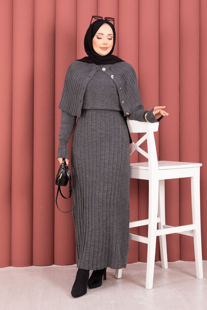 Button Detailed Cape Knitwear Dress Set Smoked