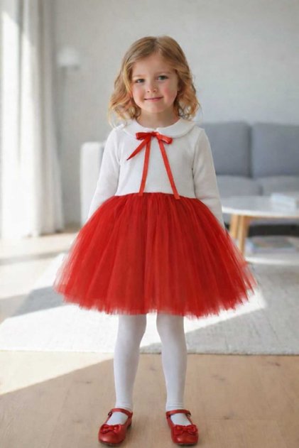 Perla Long Sleeve Girl's Princess Fluffy Tutu Dress Baby Collar Flexible Lycra Red White
