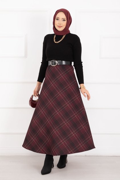 Plaid Pattern Scuba Skirt Burgundy