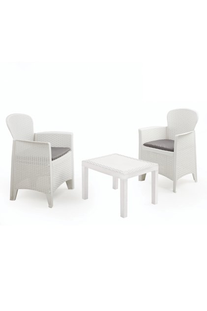 Set mobilier de grădină/terasă, AKITA, 3 piese, polipropilenă, alb, 2 scaune, masă, perne