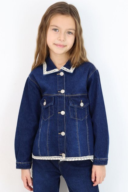 Girl's Jean Jacket with Collar & Bottom Gusset, Pocket Flap Detail, Ages 3-7, Dark Blue
