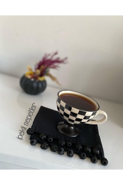 Black Pompom Cocktail Coaster Napkin 1 Piece