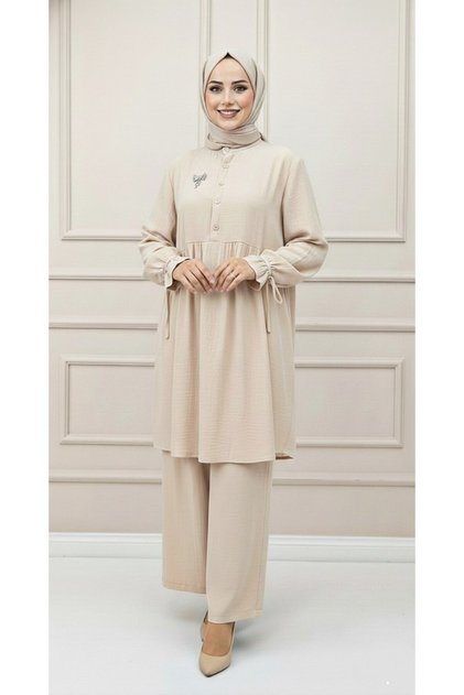 Lilyum Takim Strawberry Fabric Stone Color Double Suit with Top That Can Be Opened from the Top and Buttoned Pants