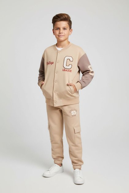 Beige Text Embroidered College Jacket Boys' Tracksuit Set 21225