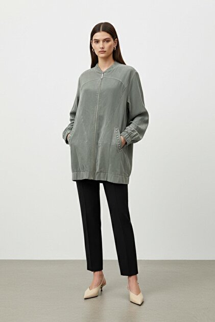 Puane Kadın Cep Detaylı Fermuarlı Süet Ceket - 15258CKT - KHAKI