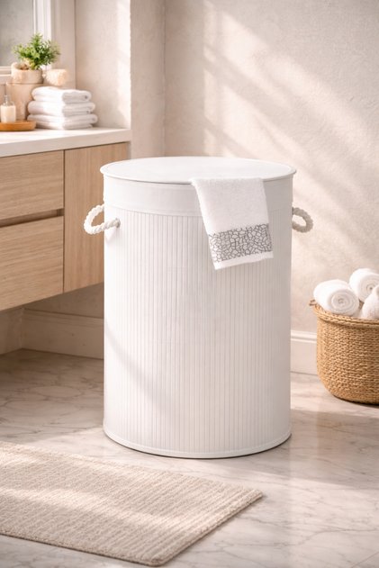 El Yapımı Bambu Yuvarlak Çamaşır Sepet Krem