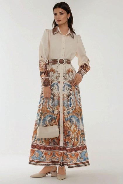 Printed Long Sleeve Belted Maxi Dress