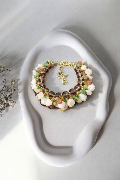 Handmade Ornate Adjustable Bracelet with Pearlescent and Strawberry Quartz Stones and Angel Charm, Special Design