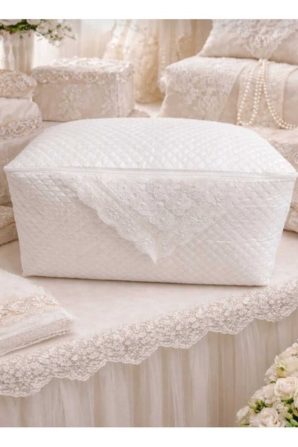 İncili Saten Beyaz Kazak Hurcu Kapitoneli Çeyizlik Bohçalık 40 x 30 x 20 Cm Küçük Boy Hurç