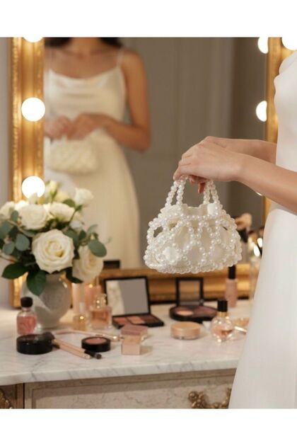 El Yapımı İncili Saten Gelin Çantası, Nikah ve Özel Gün El Çantası