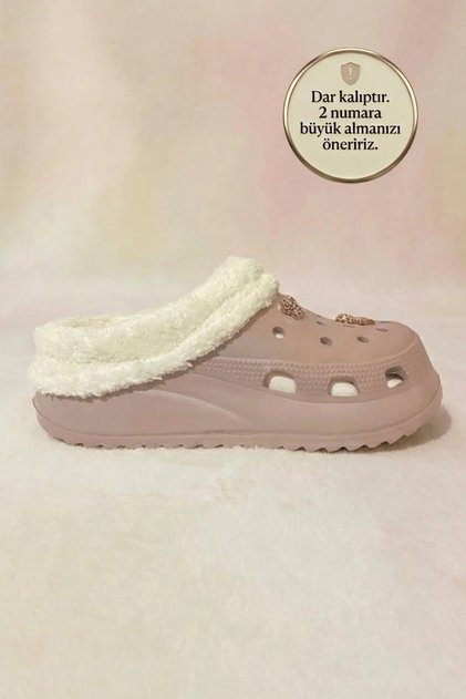 Beige Color Plush Inside Sabo Slippers with Gold Buckle
