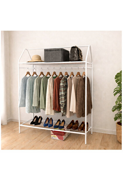 Home Hanger Beyaz Konfeksiyon Askısı Raflı Butik Askı Konsept Askılık Ayaklı Askılık