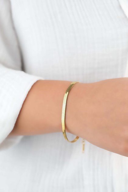 Women's Yellow Color Steel Italian Crushed Chain Bracelet - Non-Tarnish Flat Model