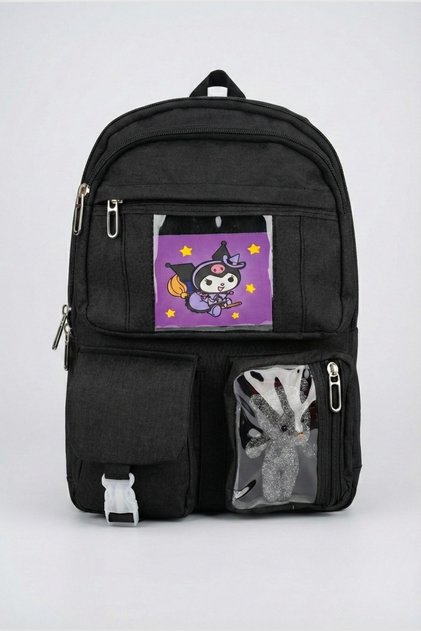 Black Kuromi Korean Style Elementary School Backpack with Accessories