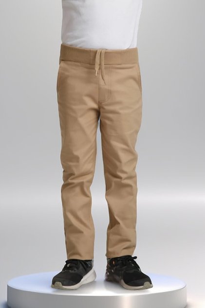 Boys' and Girls' Elasticated Ribbed Waist Camel Beige-Black Straight Leg Canvas School Trousers (Ages 6-15)