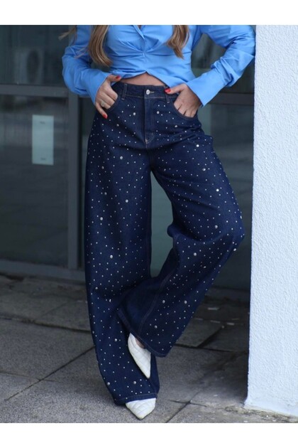 Shiny Studded Baggy Navy Blue Women's Jeans