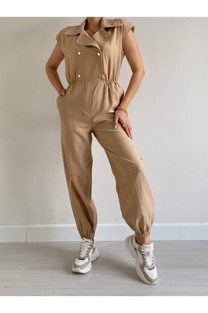 Low Sleeve Gold Buttoned Padded Jogger Jumpsuit