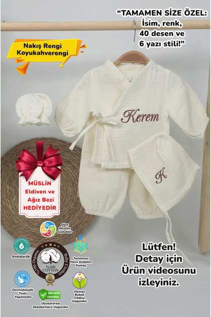 Yeni Doğan Müslin 3'li Kimono Bağcıklı Tulum %100 Pamuk Organik (Kişiye Özgü İsimli Nakış Desenli)