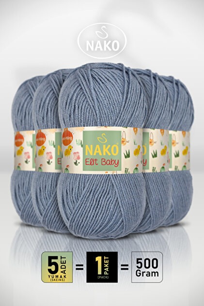 ELIT BABY • Albastru Denim (1986) • Pachet de 5 × 100 gr / 250 m • Fir pentru bebeluși • Anti-scămoșare • Fără scame • Vestă, Pătură, Ghete