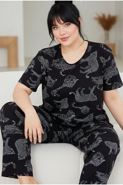 black white tiger leopard printed Plus Size Big Height crew neck Knitted Pajama Set