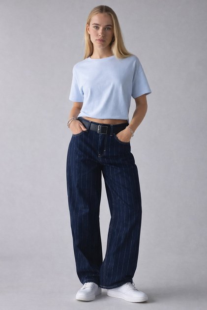 Dari Vintage Thabit Navy Blue Striped Color Boyfriend Shalvar Denim Jeans