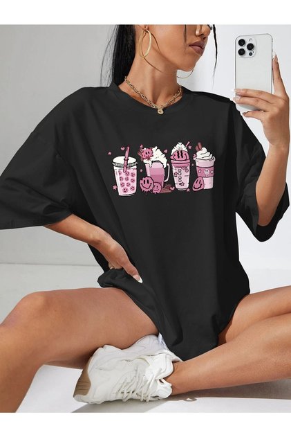 Emoji Cup T-shirt - black, Printed, Crew Neck, Printed, Short Sleeve, Boyfriend, Loose