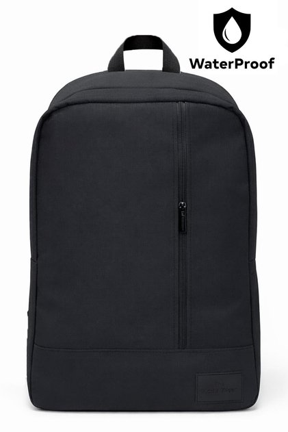 Rucsac negru pentru laptop cu fermoar impermeabil și detaliu din material textil