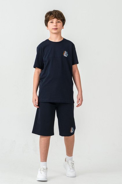 Top Front Embroidered Back Printed Bottom Left Leg Embroidered Boys' Shorts - T-Shirt Set