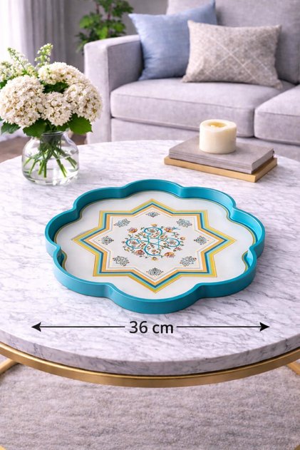 36 cm Floral Patterned Glass Decorative Tray | Mediterranean Breeze | Shine Turquoise Royale | Flower Motif