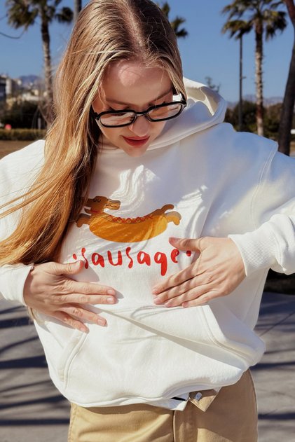 Women's Relaxed Cotton Karyoka Stitched Printed Hooded Sweatshirt Single Sausage Dog White