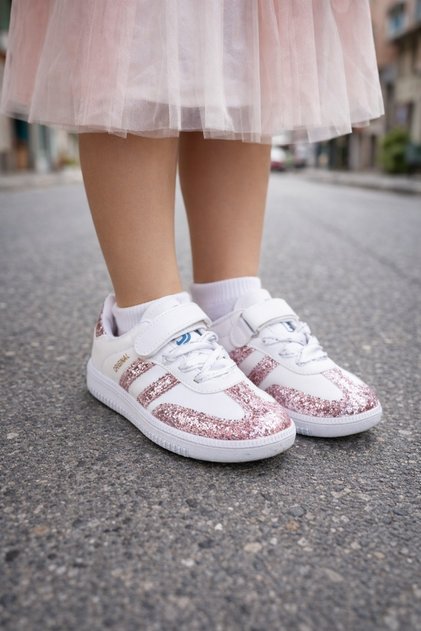 Girl's White Glitter Detailed Sports Shoes (Velcro)