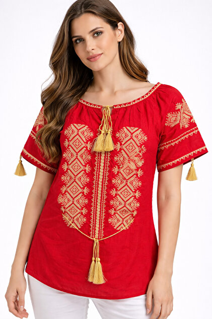 Nobrand Traditional red lady's dress with gold embroidery - Romanian ethnic  pattern, short sleeve, Cotton- Trendyol