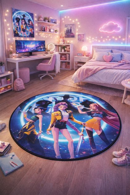 Non-Slip Base K-Pop Demon Hunters Themed Machine Washable Teen Room Carpet 100X100