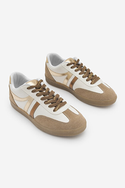 Marjin Kadın Sneaker Bağcıklı Düz Taban Spor Ayakkabı Tiyone Altın