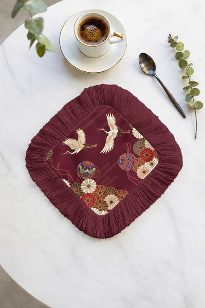 Elegant Crane Bird Fringed Presentation Napkin - Japanese-Inspired Luxurious Bohemian Burgundy Coaster Tissue