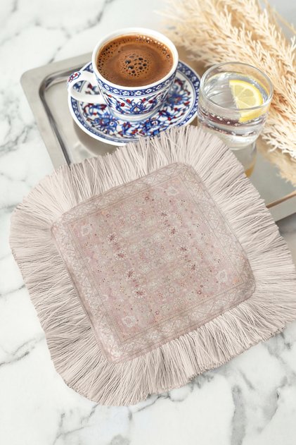 Palace-Inspired Stylish Serving Napkin with Fringes - Vintage Texture Bohemian Powder Cream Coffee Tray Napkin