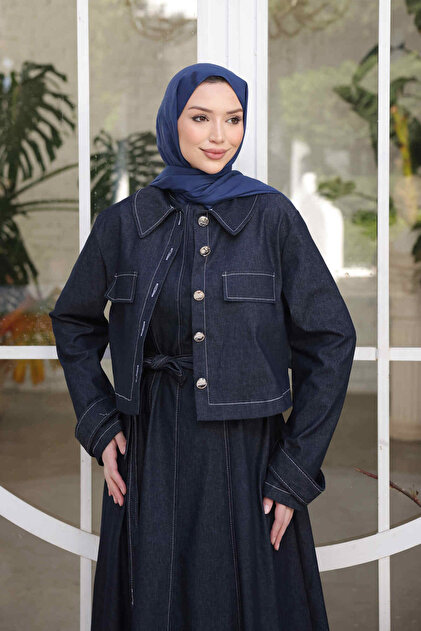 İmajButik Navy Blue Denim Jacket Dress Double Combination Set