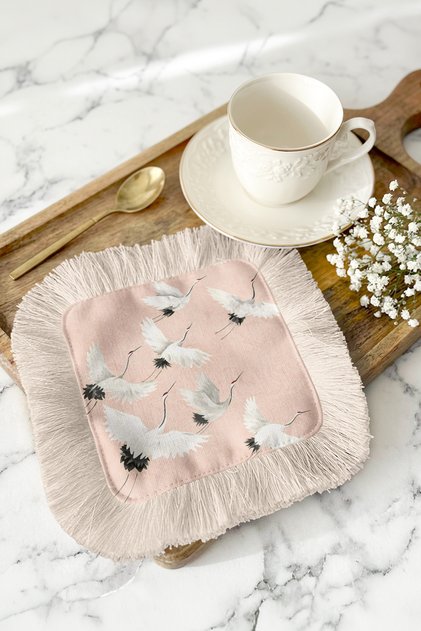 Elegant Crane Fringed Presentation Napkin-Flying Birds Pastel Bohemian Powder Color Coaster Tissue