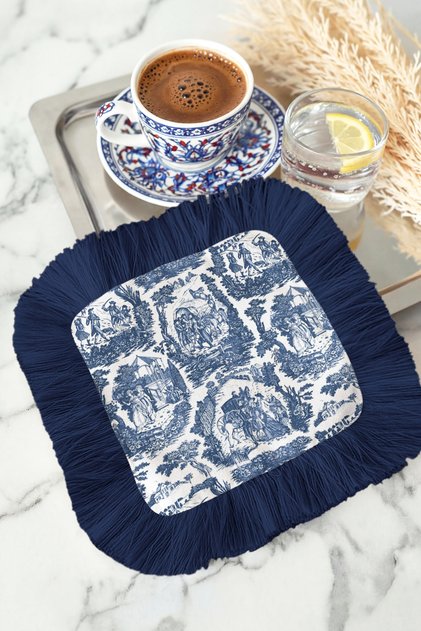 French Country Fringed Decorative Napkin - Classic Elegance Vintage Navy Blue Coaster Tissue