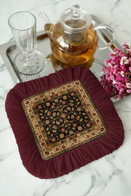 Palace Splendor Fringed Presentation Napkin - Classic Bohemian Black Burgundy Gold Colored Coaster Napkin