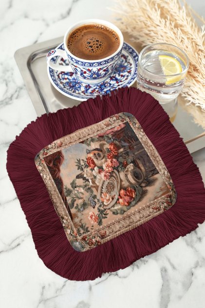 Luxury Vintage Floral Fringed Presentation Napkin - Classic Art Themed Burgundy Rustic Coaster Tissue